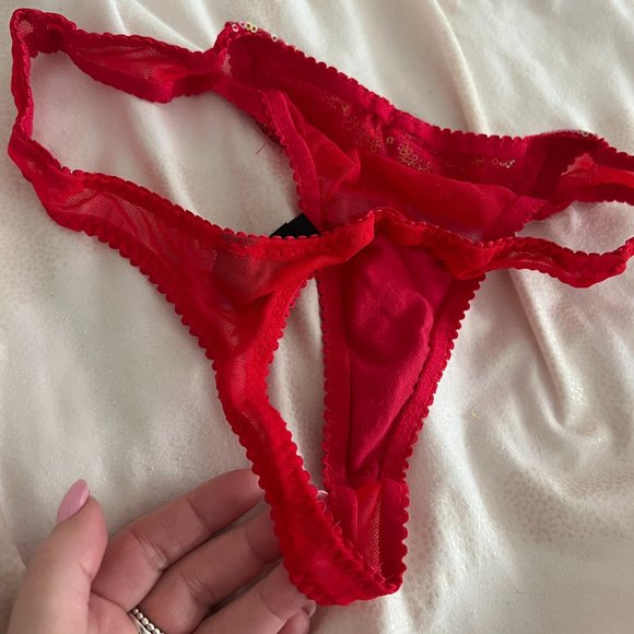 Victoria's Secret red sequin shimmer bow mesh thong panties underwear size small - Picture 6 of 9